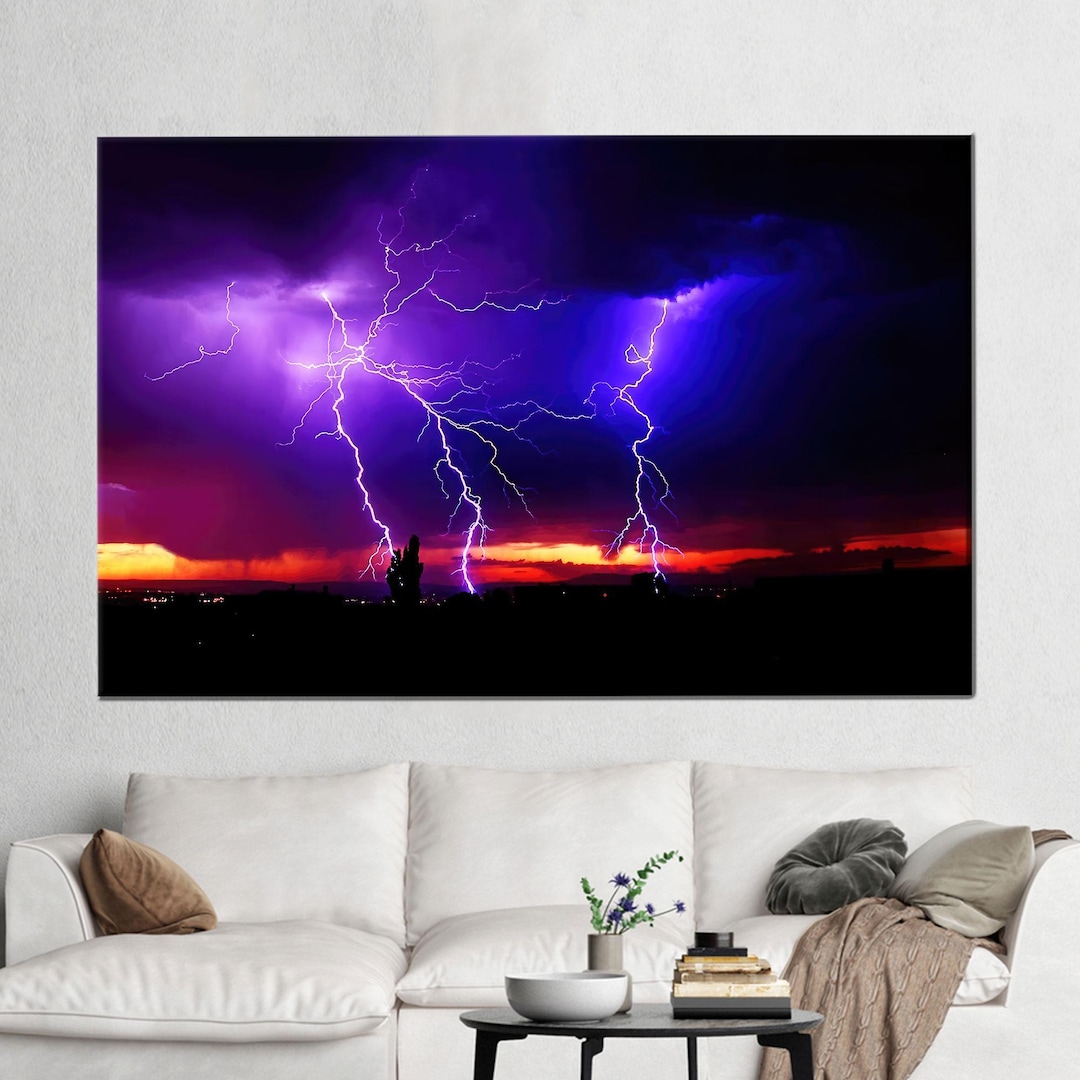 Lightning Storm Canvas Wall Art, Purple Sky Thunder Poster, Dramatic ...