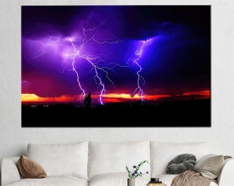 Lightning Storm Canvas Wall Art, Purple Sky Thunder Poster, Dramatic Nature Photography Print for Living Room or Office Decor
