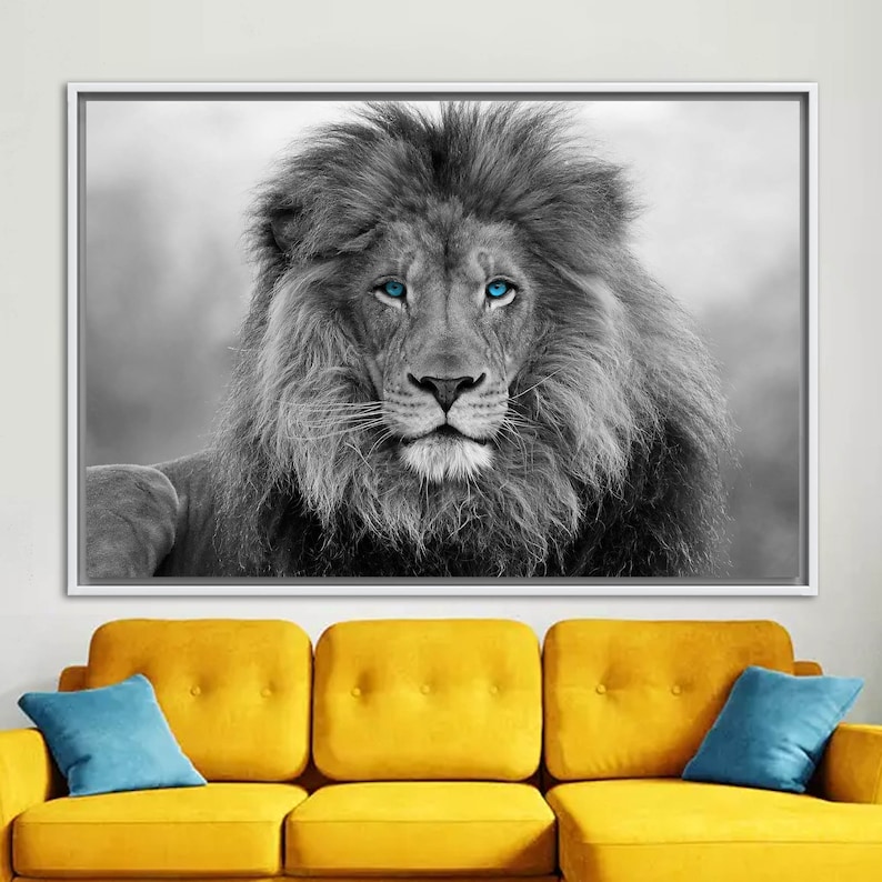 Blau gemusterter Löwe Wandbild, Tierleinwand Kunst, Wildtier Wandkunst, Loft Wandkunst, Wildtier Leinwand, Löwe-Wand-Dekor, Wilde Löwen-Wandkunst, Bild 7
