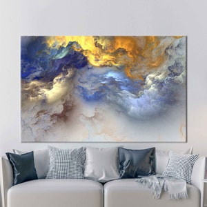 Impresión abstracta de nubes, decoración de pared abstracta, impresión de nubes amarillas, arte amarillo y azul, impresión de nubes azules, impresión contemporánea,
