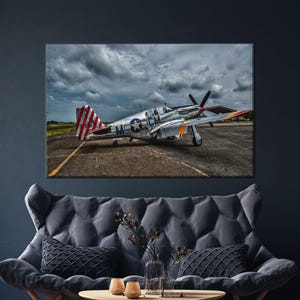 Vintage Fighter Plane Canvas Wall Art, Stormy Sky WWII Aircraft Poster, Retro Aviation Print for Pilot, Hangar or Industrial Decor