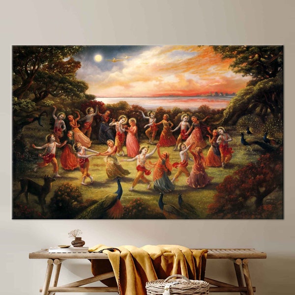 Rasa Lila Dance of Radha Krishna, Rasa Lila Dance Poster, Indian Printed, Radha Krisna Dance Printed, Radha Krishna Artwork,