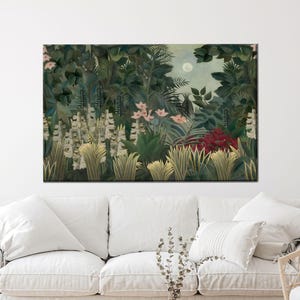 Mondschein Dschungel Leinwand Wandkunst, Tropischer Botanischer Garten Poster, Henri-Rousseau-Stil Naturdruck für üppiges grünes oder exotisches Wohndekor