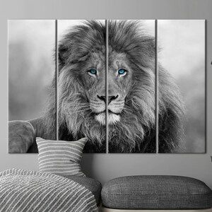 Blau gemusterter Löwe Wandbild, Tierleinwand Kunst, Wildtier Wandkunst, Loft Wandkunst, Wildtier Leinwand, Löwe-Wand-Dekor, Wilde Löwen-Wandkunst, Bild 4