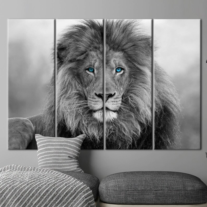Blau gemusterter Löwe Wandbild, Tierleinwand Kunst, Wildtier Wandkunst, Loft Wandkunst, Wildtier Leinwand, Löwe-Wand-Dekor, Wilde Löwen-Wandkunst, Bild 4