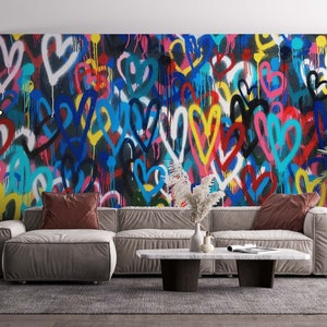 Banksy Liebe Herzen Wandbild, Banksy Bunte Herzen Wandbild, Bunte Wandkunst, Graffiti Wandposter, Mehrfarbiges Wandbild, Bild 2