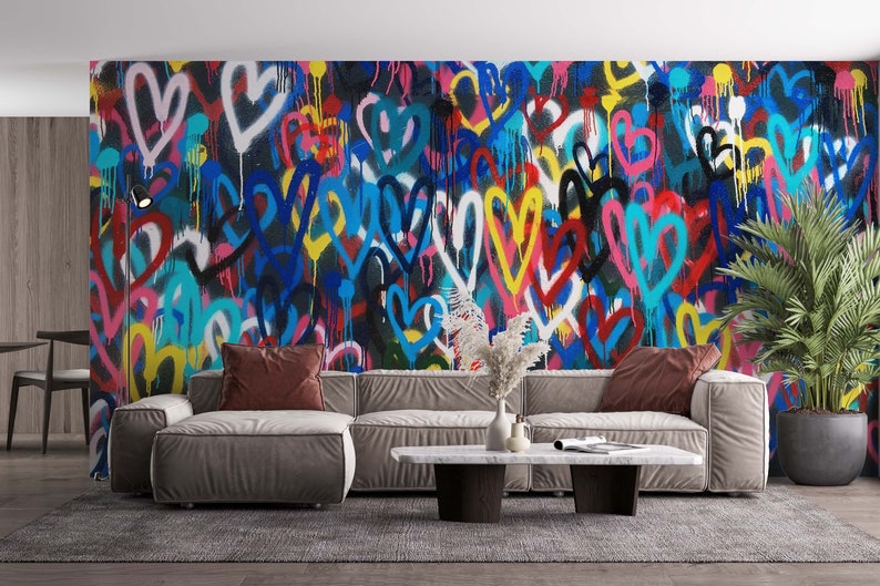 Banksy Liebe Herzen Wandbild, Banksy Bunte Herzen Wandbild, Bunte Wandkunst, Graffiti Wandposter, Mehrfarbiges Wandbild, Bild 2