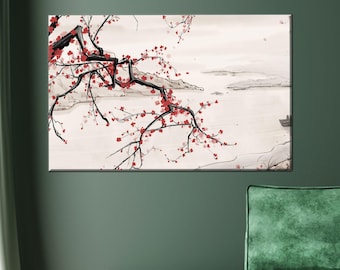 Cherry Blossom Branch Canvas Wall Art, Japanese Ink Landscape Poster, Minimal Oriental Nature Print for Zen, Peaceful or Calm Decor