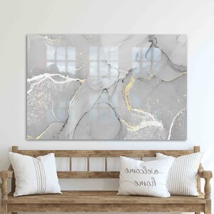 Decoración de pared, Arte en vidrio, Decoración de pared de vidrio, Decoración de pared de mármol moderna, Impresión de vidrio abstracto, Decoración de pared gris y dorada,
