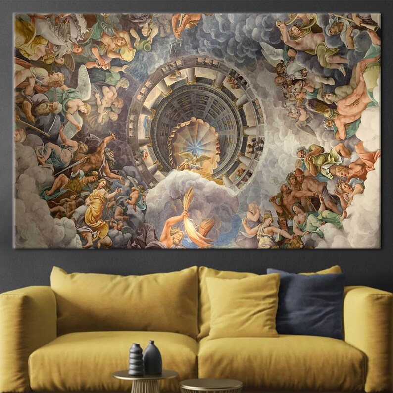 Pintura de Giulio Romano, Arte de reproducción, Obras de arte famosas, Obras de arte de la Vista del Olimpo, Decoración de pared del Hogar de los Dioses, Impresión de pintura al óleo, 1P: Gallery Wrapped