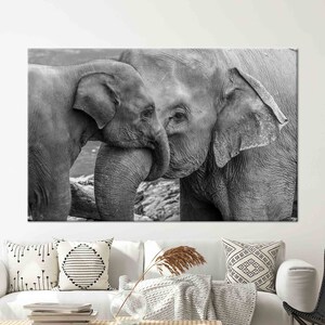 Bauernhaus Wanddekor, Tier Leinwand Geschenk, Schwarzweiß Kunst, Elefant Baby und Mutter Poster, personalisiertes Geschenk, Büro Wanddekoration.