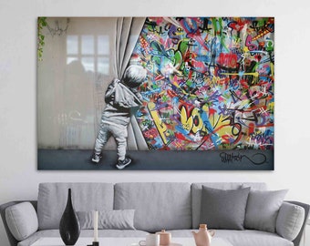 Banksy Boy gehard glas, Martin Watson Glass Printing, Martin Watson Glass Printing, Wanddecoratie, Glasdrukkunst, Graffitiglas, Muurdecoratie, Glasdrukkunst, Banksy Boy Gehard Glas,