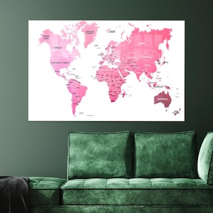 Różowa szklana sztuka ścienna, Duża sztuka ścienna, Różowa szklana mapa świata, Dekoracja ścienna z mapą, Szklana sztuka ścienna do biura, Szkło na zamówienie do sztuki,
