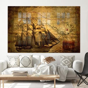 Colgante de pared de piratas, decoración artística de mapas antiguos, decoración artística de mapas, mapa del tesoro de piratas antiguos de vidrio templado, arte de pared imprimible, arte de pared grande,
