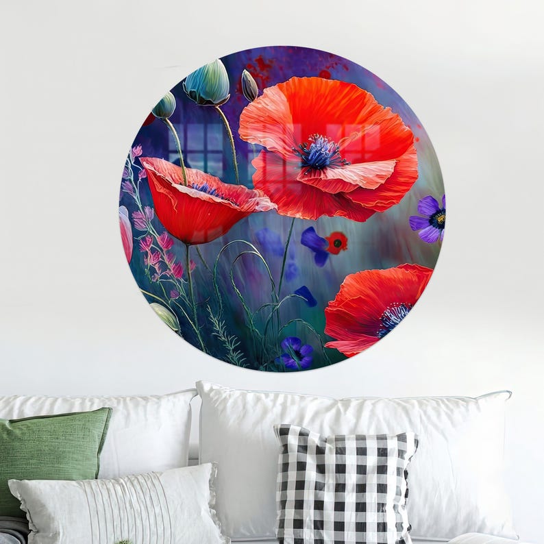 Poppy Wall Hanging, Red Poppy Glass Printing, Red Flower Wall Decor