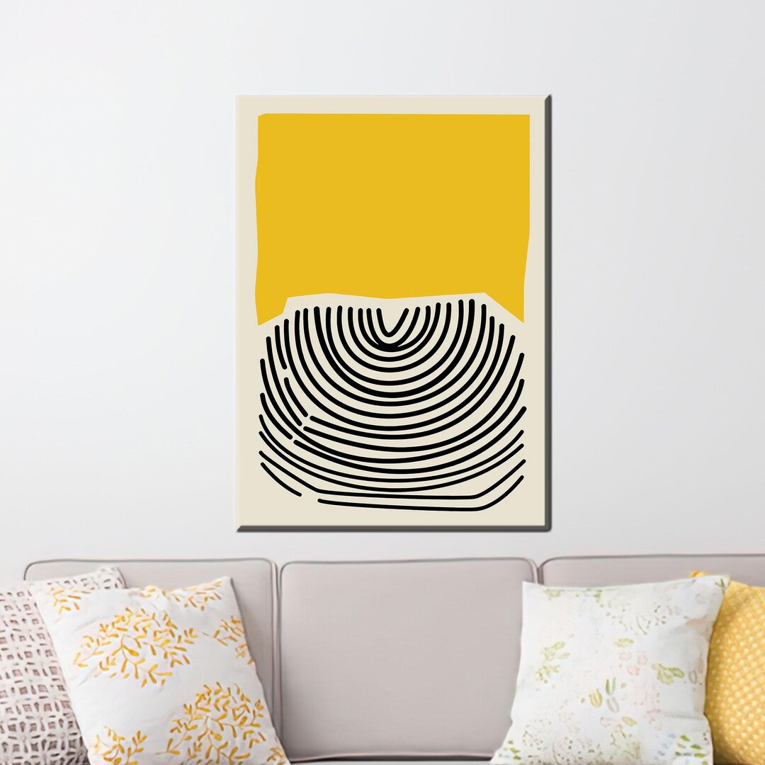 Yellow and Black Abstract Canvas Wall Art, Minimalist Modern Line ...
