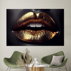 Luxury Gold Lips Canvas Wall Art, Glamorous Black and Gold Fashion Poster, Modern Beauty Portrait Print for Chic Bedroom or Salon Decor