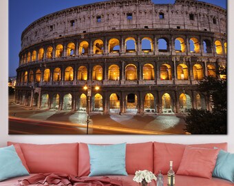 Rome Canvas Art, Cityscape Printed, Rome Colosseum at Night, Illuminated Ancient Architecture Canvas Wall Art for Home and Office