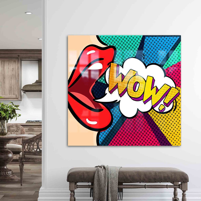 Gehard glas, glas, wanddecoratie, komisch pop-art glasdecor, Omg Shock komisch gehard glas, Woman WOW-glas, afbeelding 3