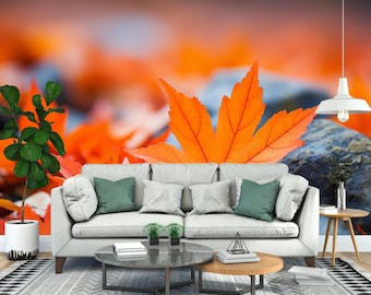 Autumn Wallpaper, Fall Leaf Wallpaper, Orange Leaf Wall, Stone Wallpaper, Seasonal Wallpaper, Rustic Wallpaper, Nature Wallpaper,