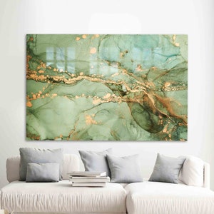 Mural Art, Glass, Wall Decoration, Green And Gold Marble, Abstract Wall Art, Luxury Marble Tempered Glass, Green MArble Glass Art,