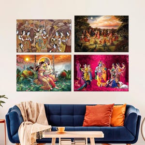 Radha Krishna Hindu Wall Art Set – Indian Mythology Canvas, Spiritual Deity Poster, Bhakti God Decor, Vedic Home Temple Print