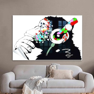 Wall Art, Wall Decor, Glass, Abstract Glass Decor, Street Glass Wall, Headphones Chimp Glass Wall Art, Monkey Glass Decor,