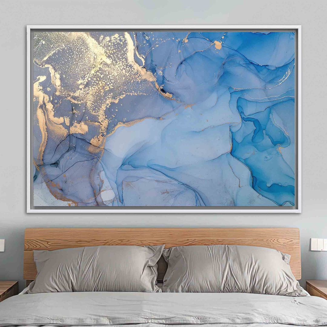 Blue Gold Abstract Wall Art, Luxury Fluid Ink Canvas for Modern ...