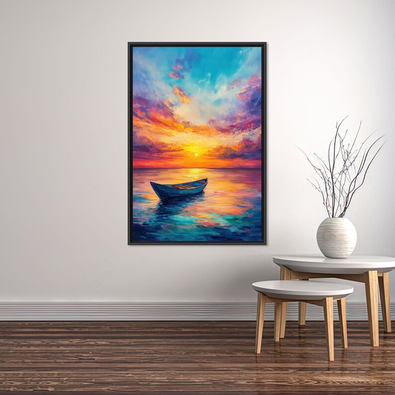 Colorful Boat Sunset Canvas Wall Art, Vibrant Seascape Poster With ...