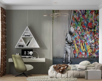 Behind the Curtain Wall Decor, Martin Watson Wall Poster, Banksy Colorful Graffiti Wall Decor, Abstract Wall Paper,