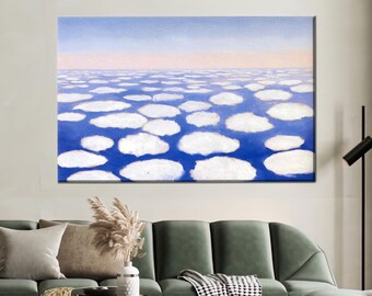 Lienzo abstracto de nubes y mar, póster de horizonte surrealista en azul suave y blanco, impresión inspirada en un cielo de ensueño para una decoración tranquila y pacífica.