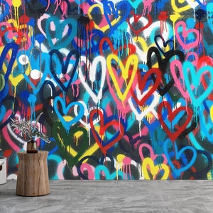 Banksy Liebe Herzen Wandbild, Banksy Bunte Herzen Wandbild, Bunte Wandkunst, Graffiti Wandposter, Mehrfarbiges Wandbild, Bild 5
