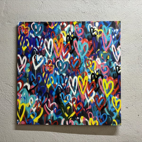 Abstract Canvas, Banksy Colorful Hearts Printed, Colorful Hearts Printed, Banksy Hearts Canvas, Banksy Love Hearts Artwork,