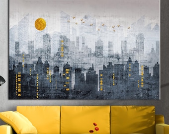 Lienzo de horizonte urbano, decoración de pared de paisaje urbano moderno, impresión abstracta en gris y amarillo, obra de arte de rascacielos, estilo urbano contemporáneo