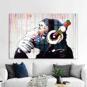 Mural Art, Glass Wall Decor, Glass Printing, Banksy Thinking Monkey, Abstract Glass Wall Art, Music Lover Monkey Tempered Glass,