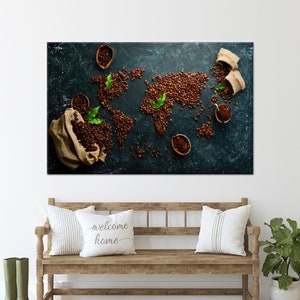 Weltkarte Wanddekoration, moderne Wandkunst, Küche Leinwand, Wanddekor, Kaffee Weltkarte Leinwand Poster, Geschenk für sie, gerahmte Leinwand,