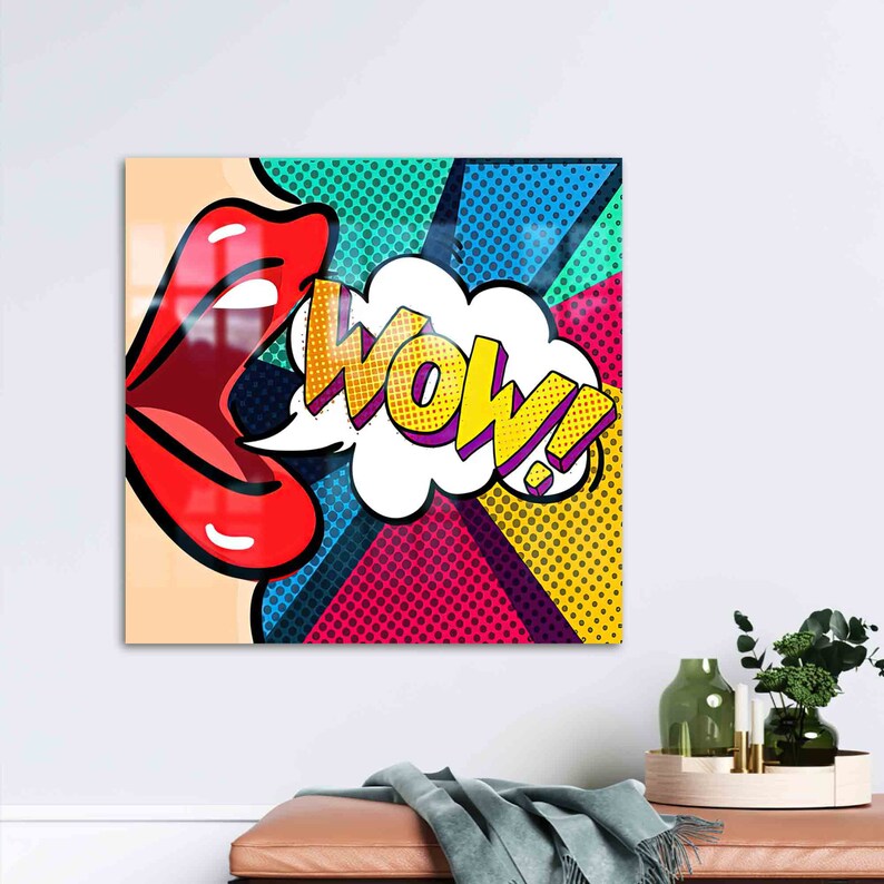 Gehard glas, glas, wanddecoratie, komisch pop-art glasdecor, Omg Shock komisch gehard glas, Woman WOW-glas, afbeelding 2
