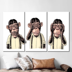 Three Wise Monkey, Abstract Monkey Art Canvas, Don&#39;t See Don&#39;t Hear Don&#39;t Speak Wall Decor, Monkey Canvas Art, Drawing Monkey Wall Art,