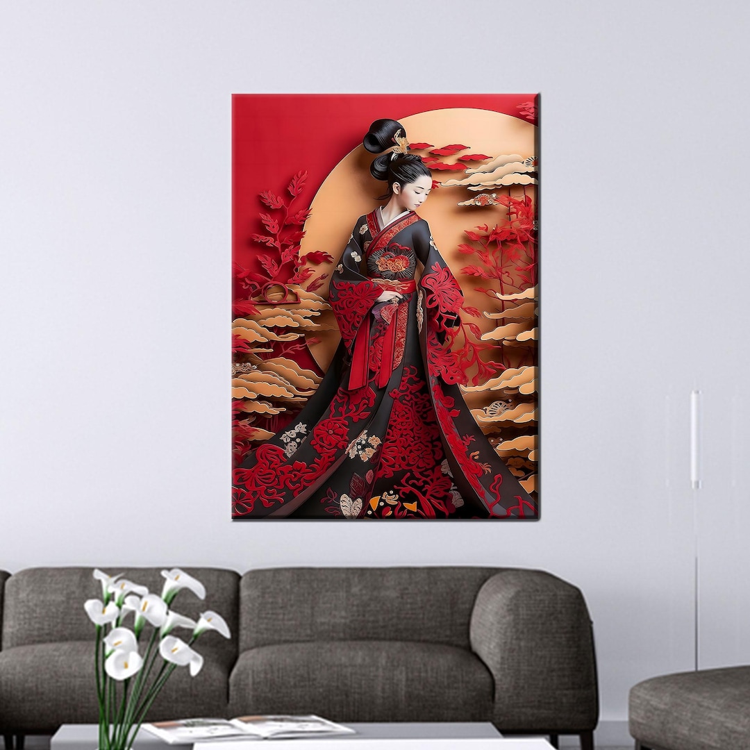 Japanese Geisha Canvas Wall Art, Red and Black Kimono Poster, Elegant ...