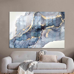 Glass Wall Decor, Glass Art, Glass Printing, Modern Marble Wall Decor, Blue And Cream Marble Wall Decor, Yellow  Marble Wall Decoration,