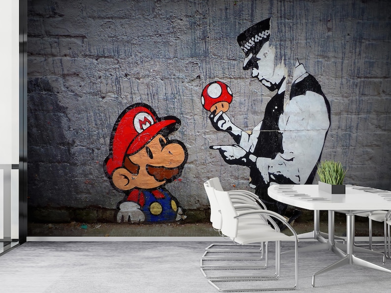 Graffiti Mural, Super Mario Graffiti Wall Paper, Gaming Room Wall Art, Mario Graffiti Mural, Banksy Wall Paper, Street Wall Poster, image 3