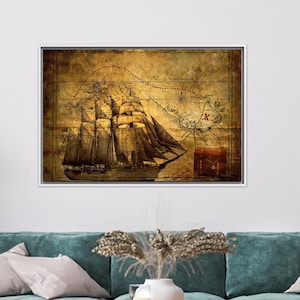 Alte Karte Wandbild, alte Piraten Schatzkarte, 3D Leinwand, alte Piraten Schatzkarte, 3D Leinwand, moderne Kunst, Geschenk für Sie