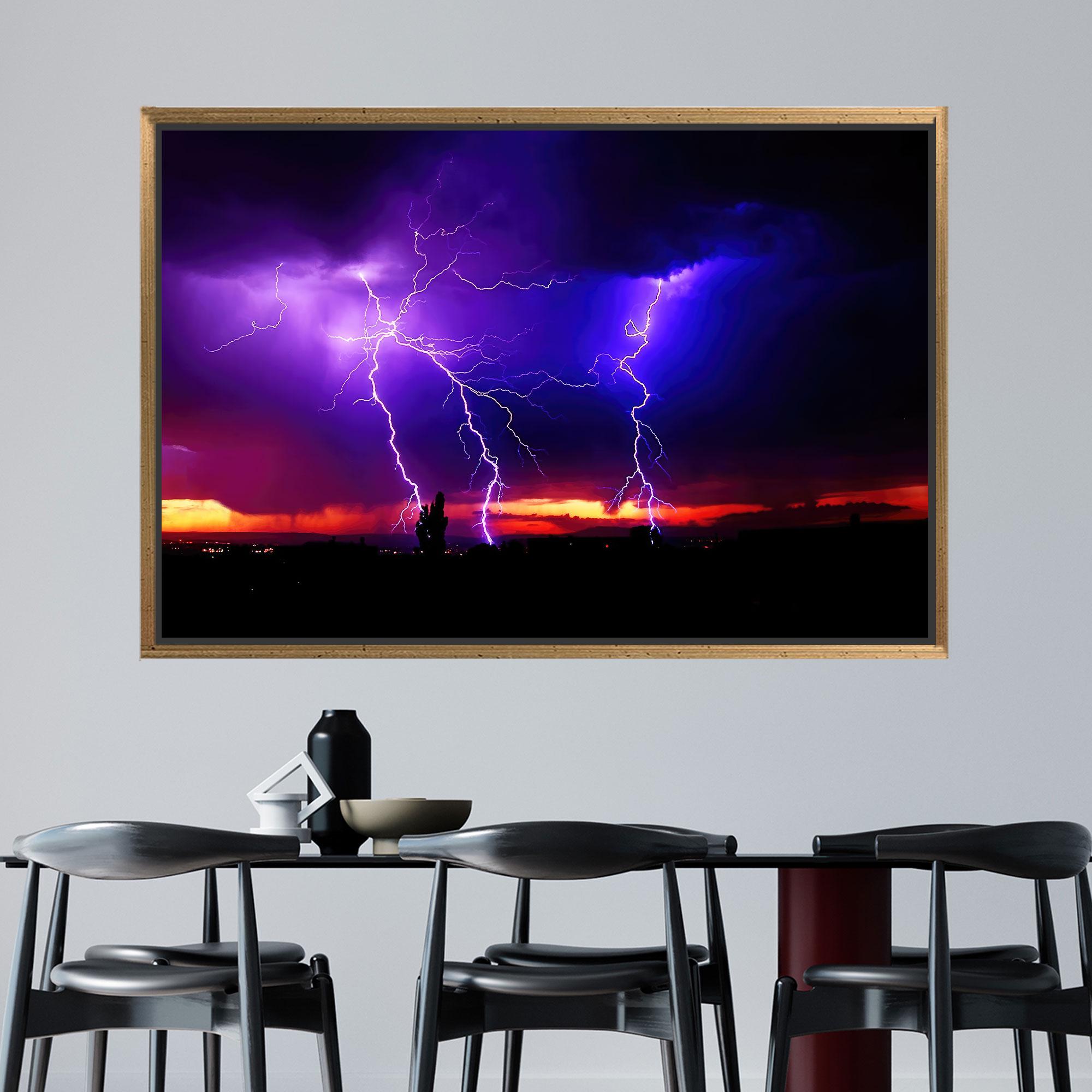 Lightning Storm Canvas Wall Art, Purple Sky Thunder Poster, Dramatic ...
