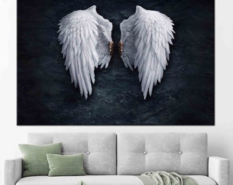 Angel Wings Wall Art, White Feather Wings on Dark Background Canvas Print, Banksy Angel Art Canvas, Street Wall Decor, Banksy Wall Decor