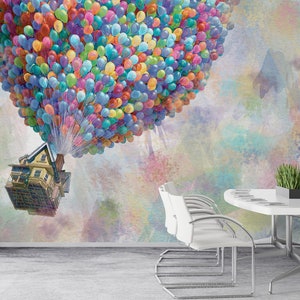 Buntes Heißluftballon Haus Tapete - Fantasie Wandbild für Kinderzimmer & Büro Dekor