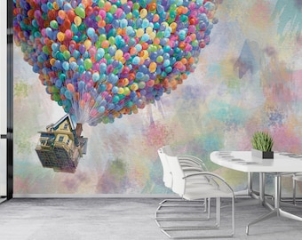 Colorful Balloon House Wallpaper – Fantasy Wall Mural for Kids Room & Office Decor