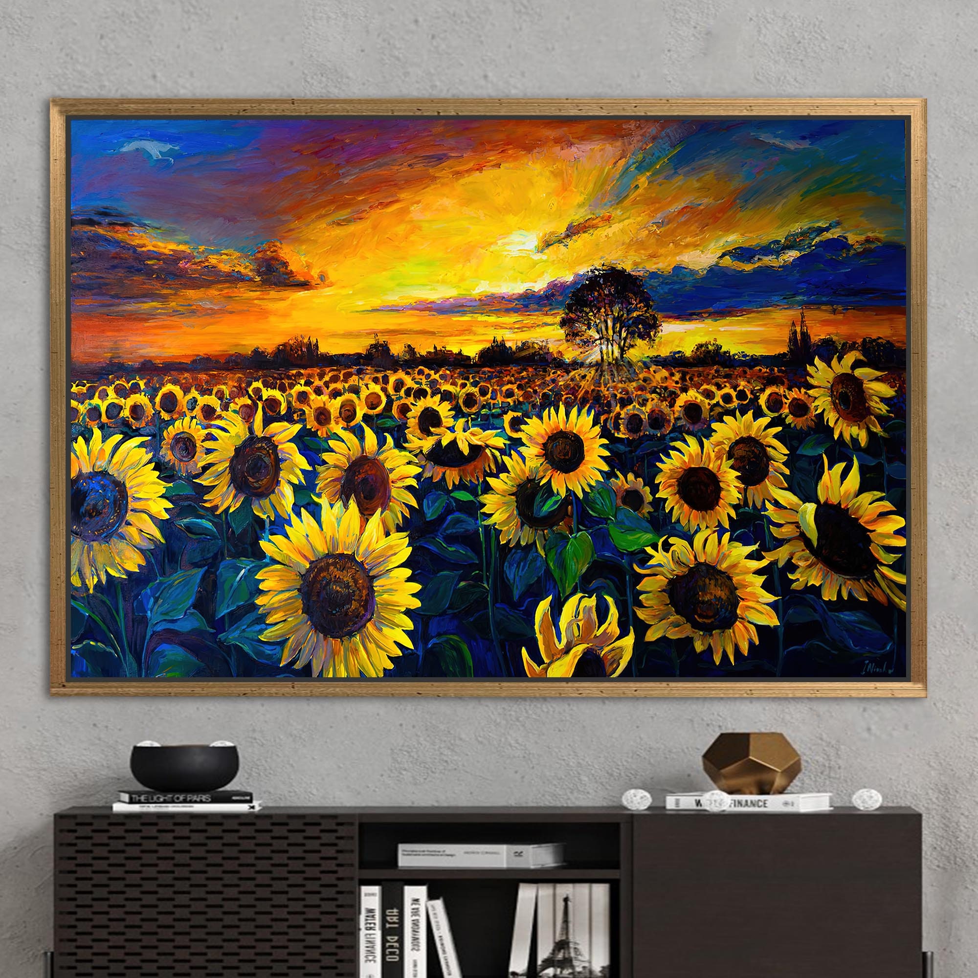 ひまわり畑の絵画、夕焼けの自然風景キャンバスアート、ひまわり畑の