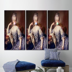 Marie Antoinette Bubble Gum, Pink Bubble Gum Artwork, Marie Bubble Gum Artwork, French Rococo Canvas Art, Bubblegum Lady Art,