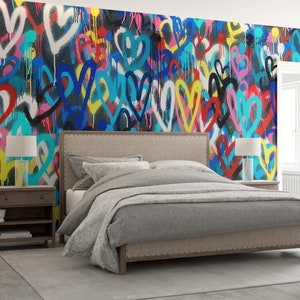 Banksy Liebe Herzen Wandbild, Banksy Bunte Herzen Wandbild, Bunte Wandkunst, Graffiti Wandposter, Mehrfarbiges Wandbild, Bild 4