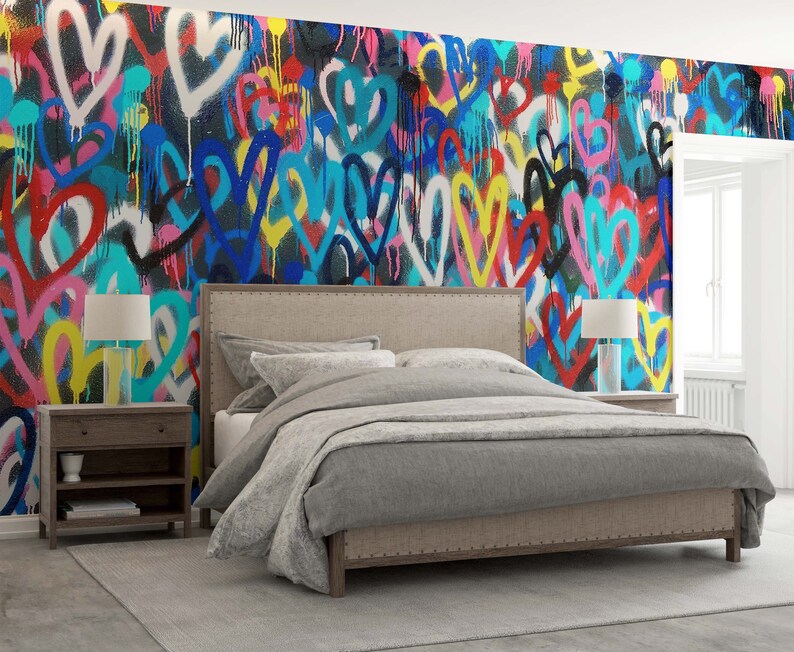 Banksy Liebe Herzen Wandbild, Banksy Bunte Herzen Wandbild, Bunte Wandkunst, Graffiti Wandposter, Mehrfarbiges Wandbild, Bild 4